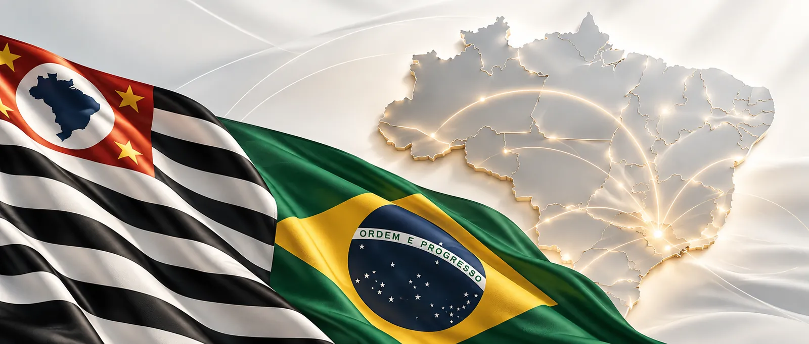 Bandeiras de São Paulo e do Brasil com o mapa do Brasil iluminado em São Paulo